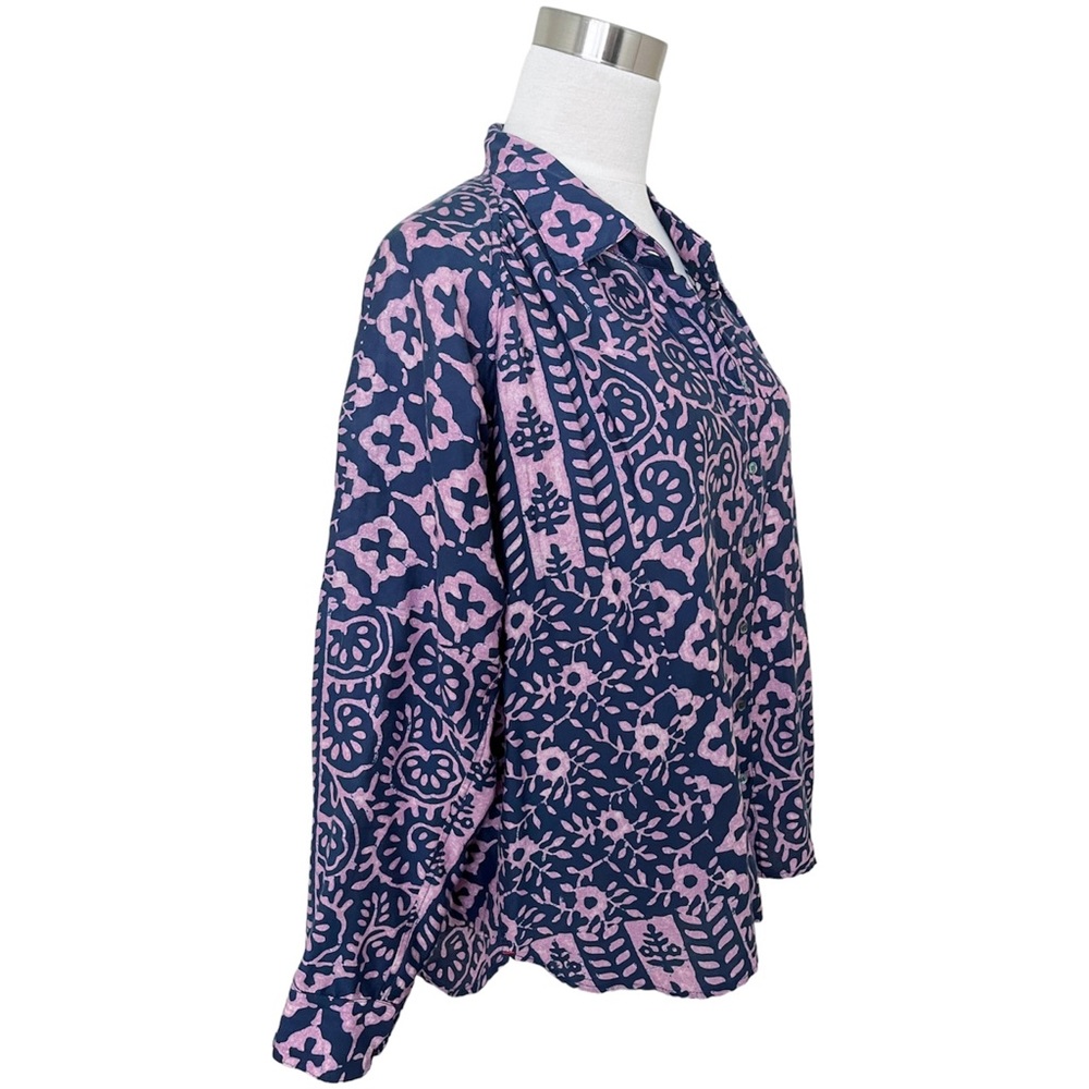 Xírena Ikat Long Sleeve Button Up Shirt Blouse Kiran Cotton Silk Purple Blue S - Picture 2 of 10